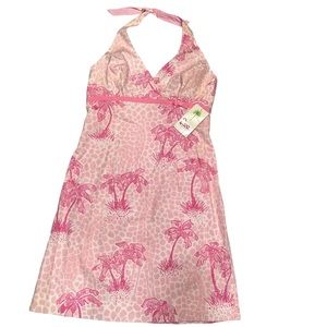 Lilly Pulitzer VTG Pink Giraffe and Coconut Pattern Halter Dress Size 12 NWT